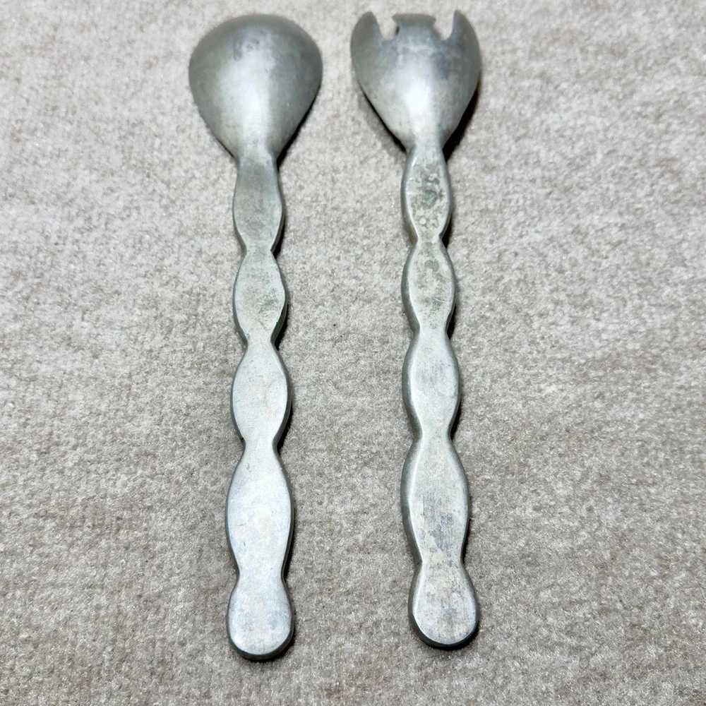 Serving Primitive Spoon Fork Salad Metal Cobalt Blue Glass Inlay VTG Renaissance